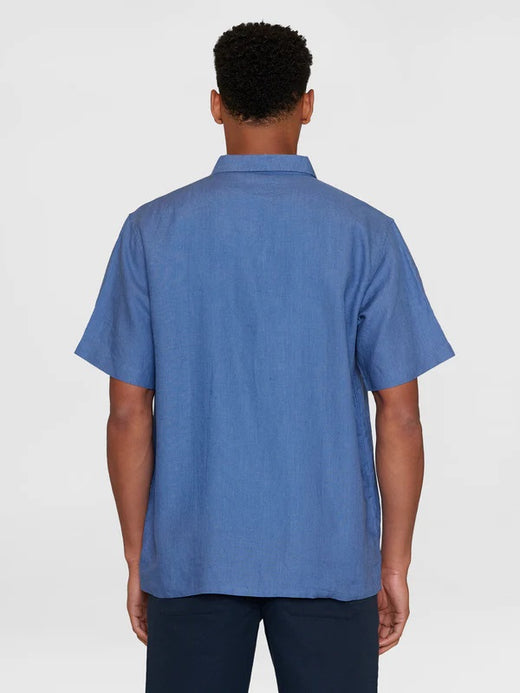Knowledge Cotton Box Fit Ss Linen Shirt Blauw Heren