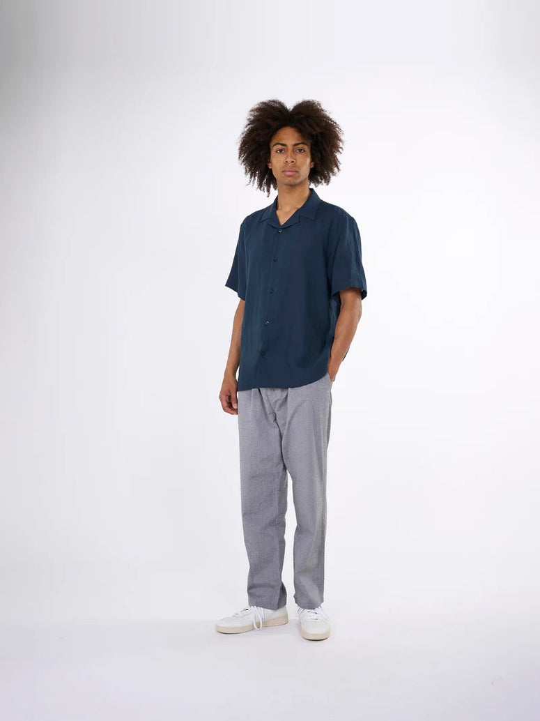 Knowledge Cotton Box Fit Ss Linen Shirt Donkerblauw Heren